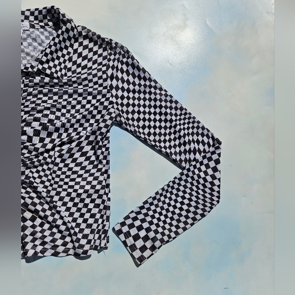 Checkered Mesh Button Down Funky Button Down Cool… - image 8